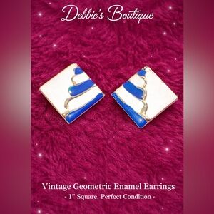Vintage Blue & White Enamel Square Earrings | Gold Tone 1” Statement Studs